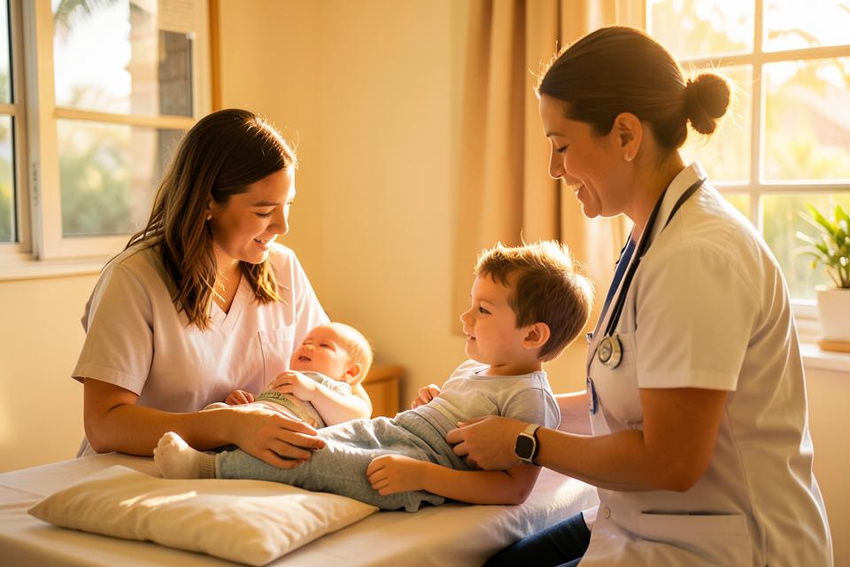 A pediatrician examining a smiling toddler