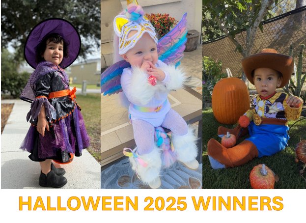 Our three Halloween 2025 winners: a little witch, a unicorn and Woody from Toy Story