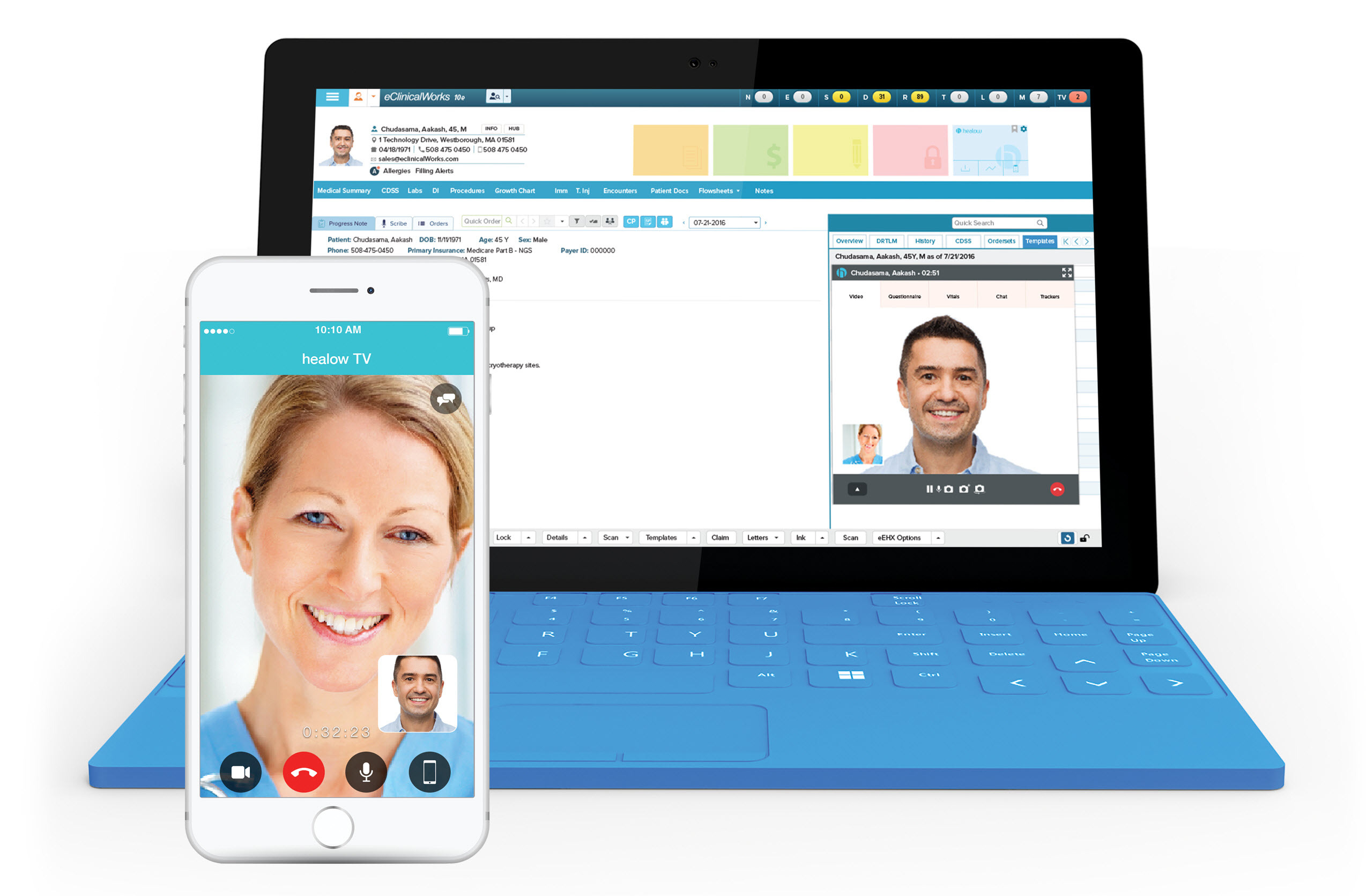 A healow TeleVisit on a phone and a laptop